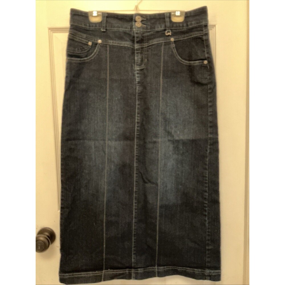 Womens Style & Co Classic Blue Midi Denim Skirt Straight Seam Slit Stretch- 10